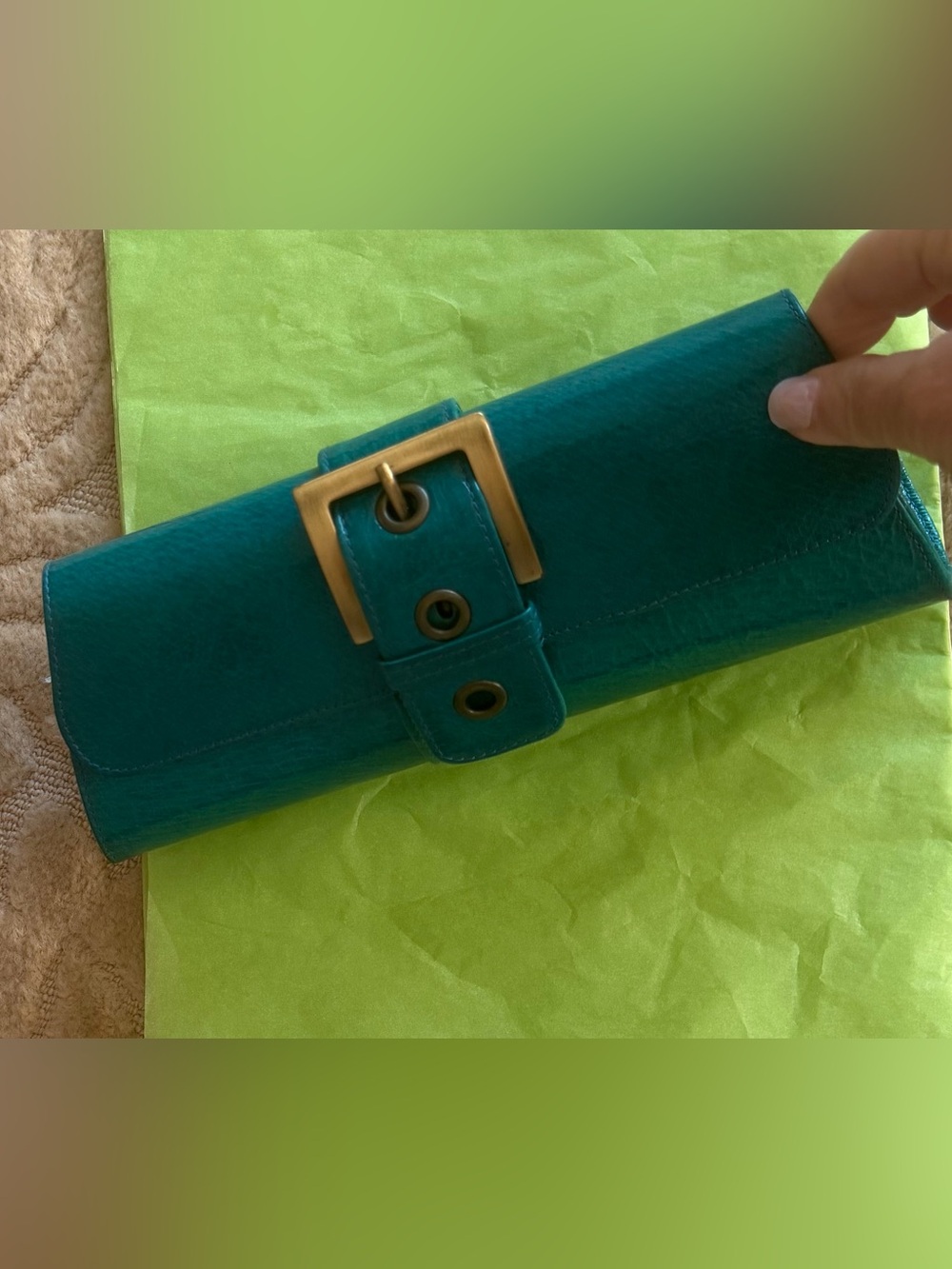 Teal patent Leather Clutch with Brass Buckle - Women's Bag JALDA VINTAGE